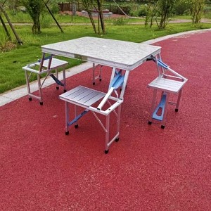 Folding Picnic Table and Beach Set, Siamese Tables and Chairs Set, Aluminum Alloy Portable Desk with 4 Seats for Indoor Outdoor Travel, Camping.Hole for Parasol, Foldable with Handle(Aluminum)