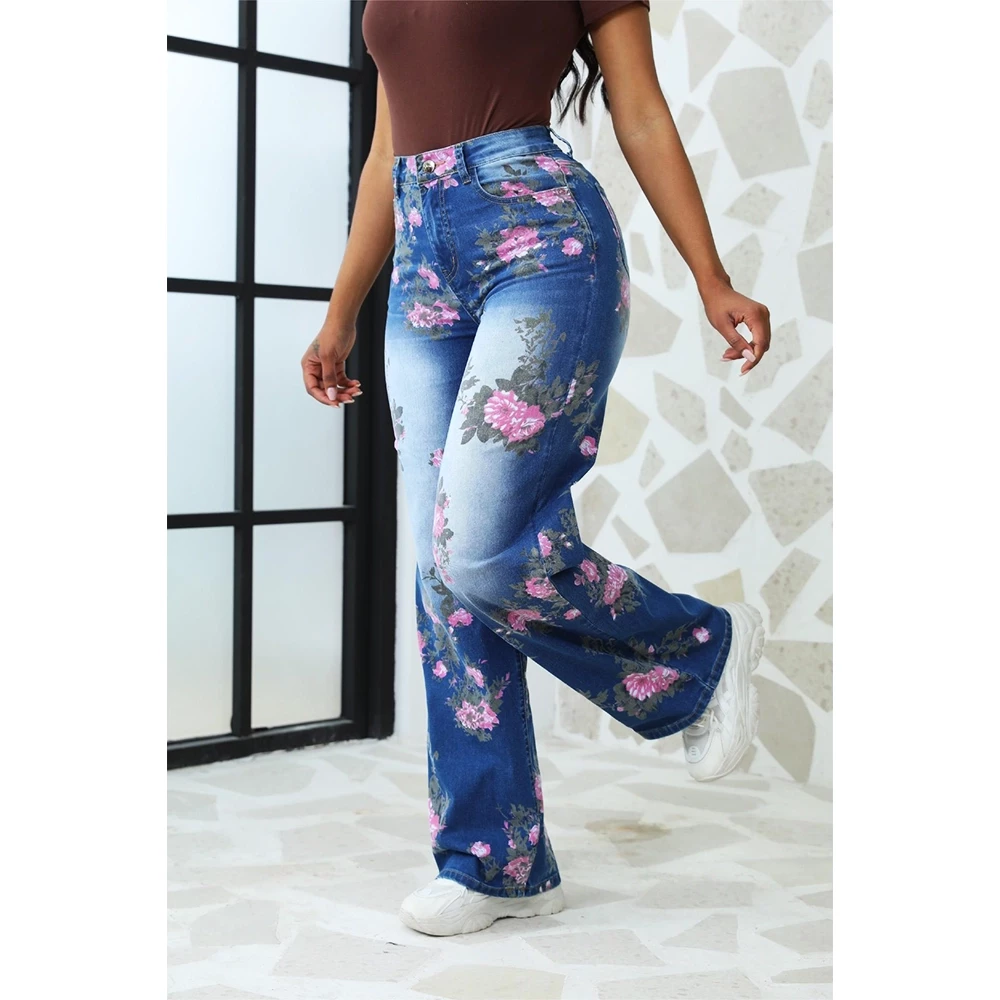 High Waisted Loose Straight Printed Jeans Floral Pattern Trousers